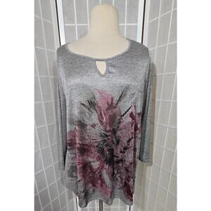 NWT Avenue Women's Gray Pink Floral Tunic Keyhole Lightweight Plus Size: 26/28